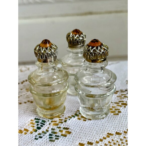 Vintage Art Deco Atomic Round Glass Perfume Trio Bottles Duvinne NY c1930s - Picture 13 of 16